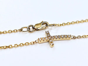 Handmade 14K Yellow Gold Side Cross with Diamonds Bracelet Anklet Chain