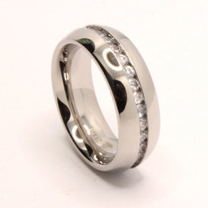 Stainless Steel Plain High Polished Domed Eternity Wedding 7mm Width Band Ring (with CZ 2mm)