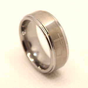 Tungsten Carbide Cross Satin Finish Recessed Edges Wedding Band Ring 8mm