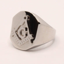 Load image into Gallery viewer, Stainless Steel 3/4 Inch Masonic Letter G Hand Square and Compass Signet Ring
