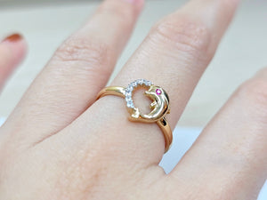 14K Solid Yellow Gold Dolphin Heart Ring with CZ