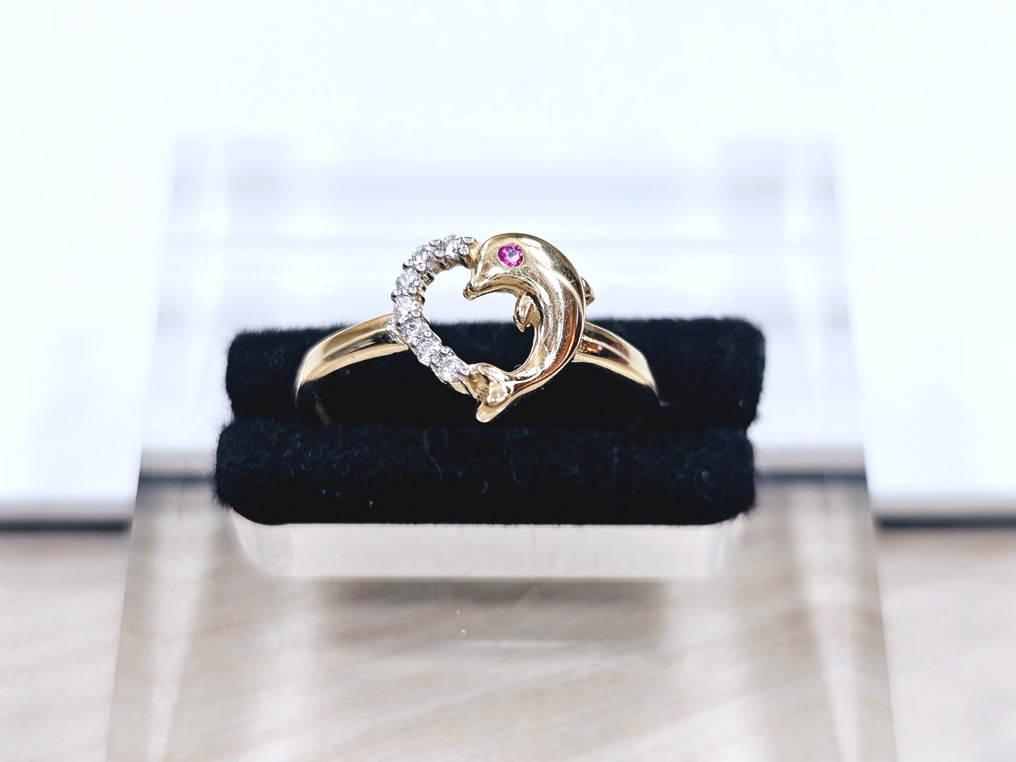 14K Solid Yellow Gold Dolphin Heart Ring with CZ