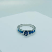 Load image into Gallery viewer, Small Sterling Silver Blue Synthetic Opal Band Ring for Women Oval Shape
