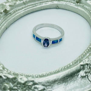 Small Sterling Silver Blue Synthetic Opal Band Ring for Women Oval Shape