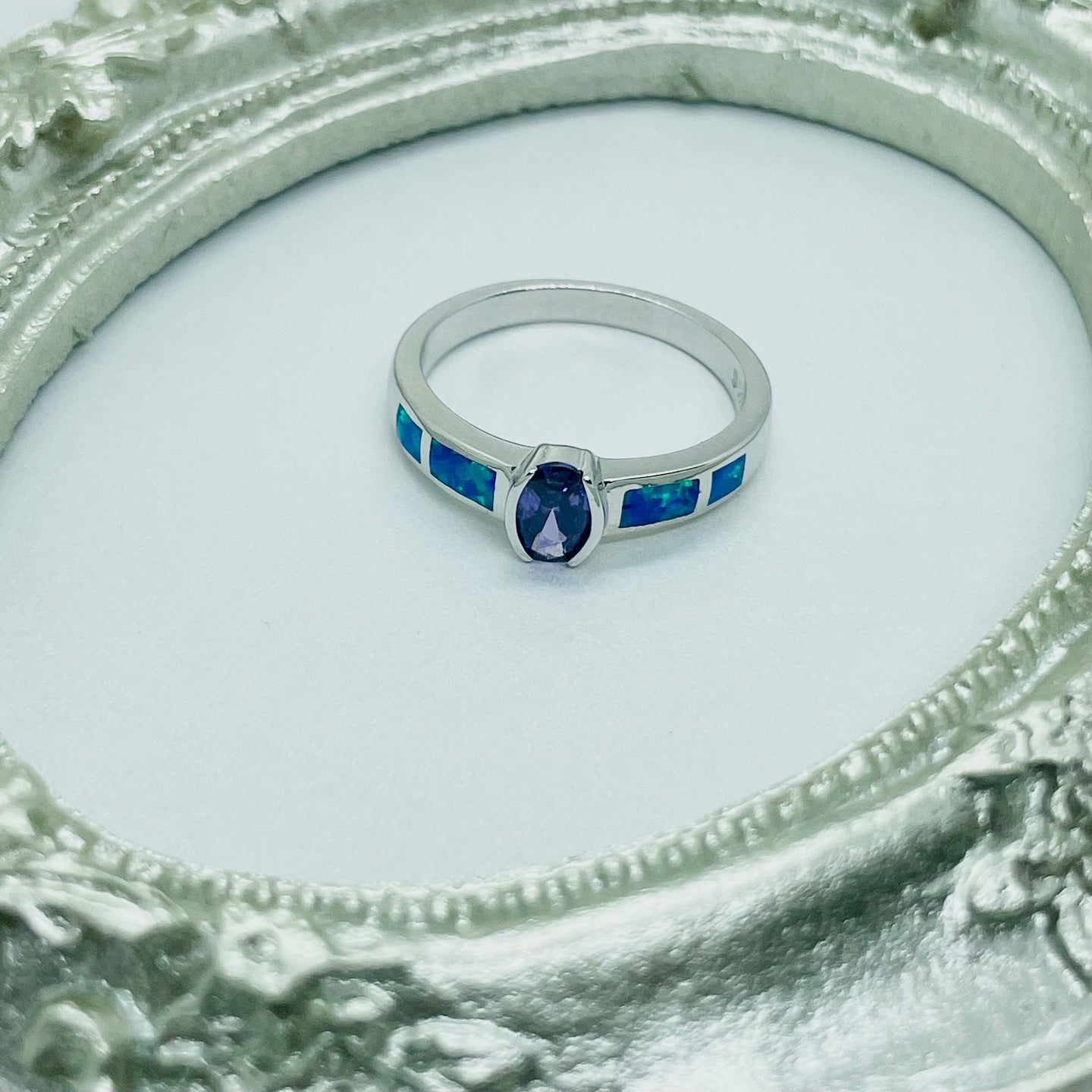 Small Sterling Silver Blue Synthetic Opal Band Ring for Women Oval Shape