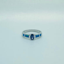 Load image into Gallery viewer, Small Sterling Silver Blue Synthetic Opal Band Ring for Women Oval Shape
