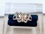 14K Solid Yellow Rose Two Tone Gold Large Butterfly Ring with CZ