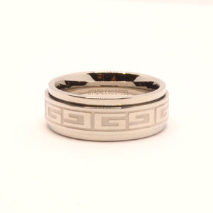 Stainless Steel Reflective High Polish Etched Greek Key Center Spinner Ring 8mm