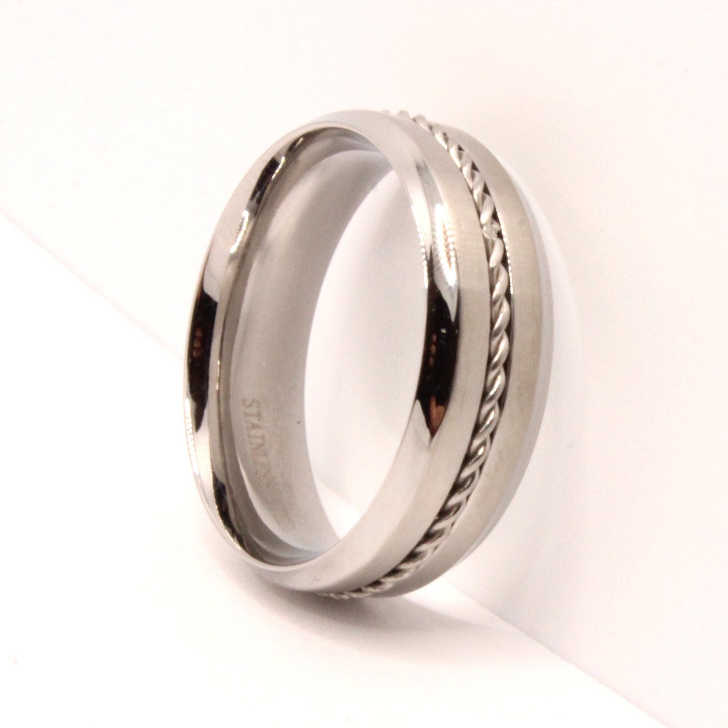 Stainless Steel Rope Inlay Matte Finish Concave Edges Wedding Ring Band 7mm