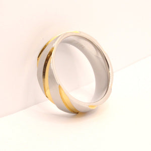 Stainless Steel Two-Tone Yellow Diagonal Groove Spiral Wedding Ring Band 7mm