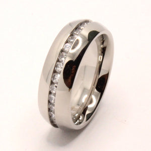 Stainless Steel Plain High Polished Domed Eternity Wedding 7mm Width Band Ring (with CZ 2mm)