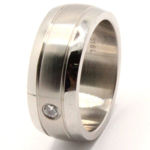 Stainless Steel Domed Two Grooves Matte Center with CZ Wedding Band Ring 8mm