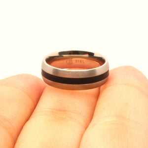 Stainless Steel Domed Plain Black Stripe Inlay Center Wedding Ring Band 6mm