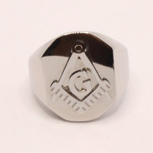 Load image into Gallery viewer, Stainless Steel 3/4 Inch Masonic Letter G Hand Square and Compass Signet Ring
