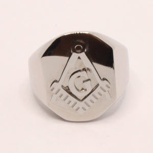 Stainless Steel 3/4 Inch Masonic Letter G Hand Square and Compass Signet Ring