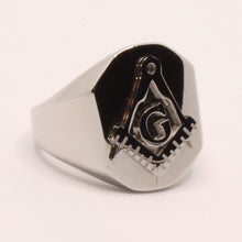 Load image into Gallery viewer, Stainless Steel 3/4 Inch Masonic Letter G Hand Square and Compass Signet Ring
