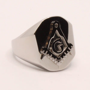 Stainless Steel 3/4 Inch Masonic Letter G Hand Square and Compass Signet Ring