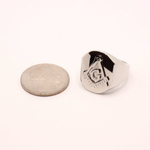 Stainless Steel 3/4 Inch Masonic Letter G Hand Square and Compass Signet Ring