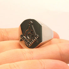 Load image into Gallery viewer, Stainless Steel 3/4 Inch Masonic Letter G Hand Square and Compass Signet Ring
