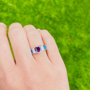 925 Sterling Silver Blue Synthetic Opal Cushion Cut Ring