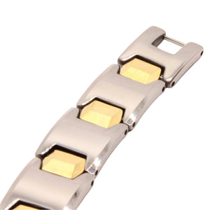 Tungsten Carbide 2-Tone Gunmetal and Yellow Bar Links Magnetic Therapy Bracelet, 1/2 Inch Wide