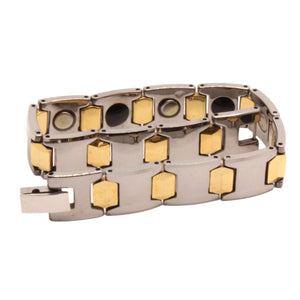 Tungsten Carbide 2-Tone Gunmetal and Yellow Bar Links Magnetic Therapy Bracelet, 1/2 Inch Wide