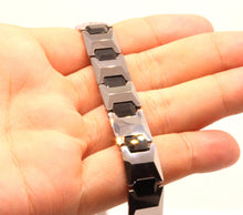 Load image into Gallery viewer, Tungsten Carbide 2-Tone Gunmetal &amp; Black Faceted Cushion Links Magnetic Therapy Bracelet, 12 Inch Wide
