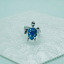 Load image into Gallery viewer, Sterling Silver Blue Synthetic Opal Sea Turtle Ring for Women
