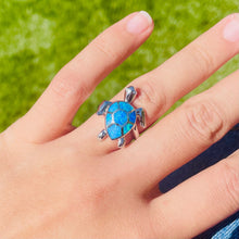 Load image into Gallery viewer, Sterling Silver Blue Synthetic Opal Sea Turtle Ring for Women
