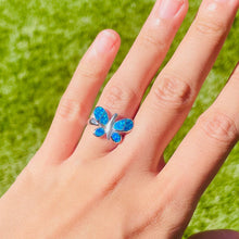 Load image into Gallery viewer, Sterling Silver Blue Synthetic Opal Butterfly Ring for Women Rounded Wings
