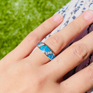 Sterling Silver Blue Synthetic Opal Narrow Dome Ring for Women CZ Accent Tapered