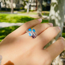 Load image into Gallery viewer, Sterling Silver Blue Synthetic Opal Teardrops Bypass Ring for White &amp; Amethyst
