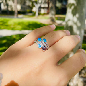 Sterling Silver Blue Synthetic Opal Teardrops Bypass Ring for White & Amethyst