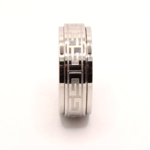 Stainless Steel Reflective High Polish Etched Greek Key Center Spinner Ring 8mm