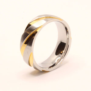 Stainless Steel Two-Tone Yellow Diagonal Groove Spiral Wedding Ring Band 7mm