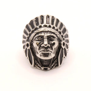 Stainless Steel Native American Chief Head Biker Ring Band 1 3/16 Inch Wide