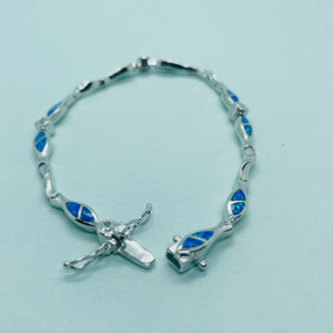 Sterling Silver Synthetic Opal Christian Fish with & CZ stone Hand Inlay 184mm Bracelet