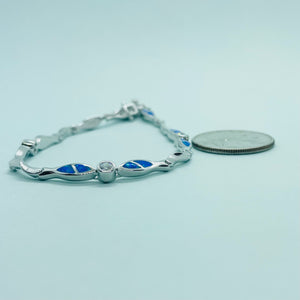 Sterling Silver Synthetic Opal Christian Fish with & CZ stone Hand Inlay 184mm Bracelet