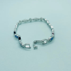 Sterling Silver Synthetic Opal Dainty Bracelet oval and Square Links