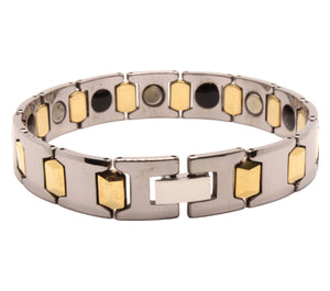 Tungsten Carbide 2-Tone Gunmetal and Yellow Bar Links Magnetic Therapy Bracelet, 1/2 Inch Wide