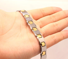 Load image into Gallery viewer, Tungsten Carbide 2-Tone Gunmetal and Yellow Bar Links Magnetic Therapy Bracelet, 1/2 Inch Wide
