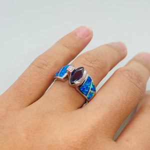 Sterling Silver Marquise Amethyst CZ Synthetic Opal Ring for Women