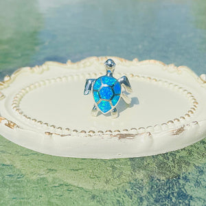 Sterling Silver Blue Synthetic Opal Sea Turtle Ring for Women