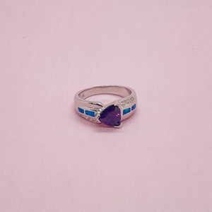 Sterling Silver Blue Synthetic Opal Trillion Cut Ring for Women White & Amethyst