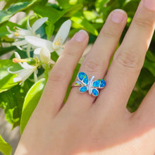 Load image into Gallery viewer, Sterling Silver Blue Synthetic Opal Butterfly Ring for Women Rounded Wings
