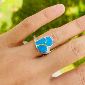 Sterling Silver Blue Synthetic Opal Sideways Heart Ring for Women CZ Accent