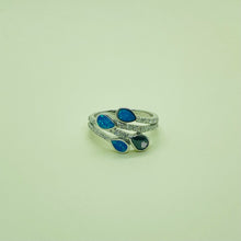 Load image into Gallery viewer, Sterling Silver Blue Synthetic Opal Teardrops Bypass Ring for White &amp; Amethyst
