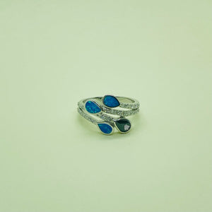 Sterling Silver Blue Synthetic Opal Teardrops Bypass Ring for White & Amethyst