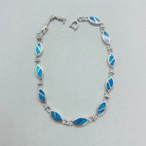 Sterling Silver Synthetic Opal Navette Shaped Link Hand Inlay Bracelet