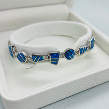 Load image into Gallery viewer, Sterling Silver Synthetic Opal Round &amp; Trapezoid links Hand Inlay Bracelet
